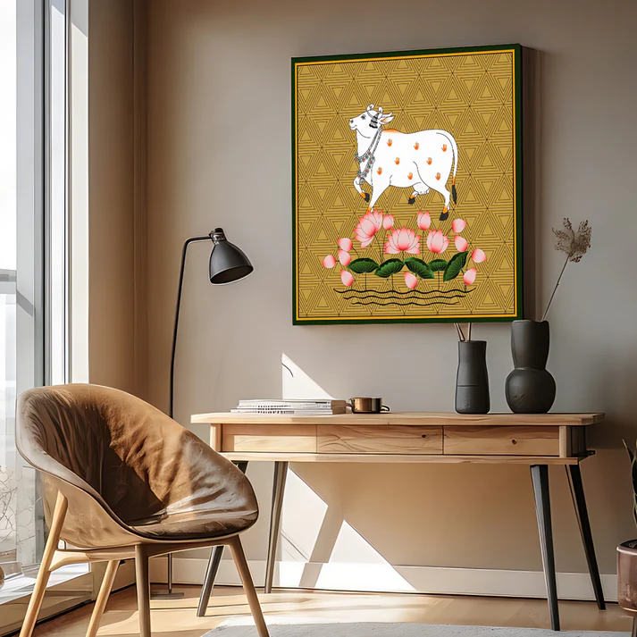 Sacred Cow Pichwai Print Wall Art Gold Color Square Shape Wood or Acrylic Base