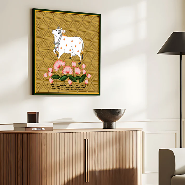 Sacred Cow Pichwai Print Wall Art Gold Color Square Shape Wood or Acrylic Base
