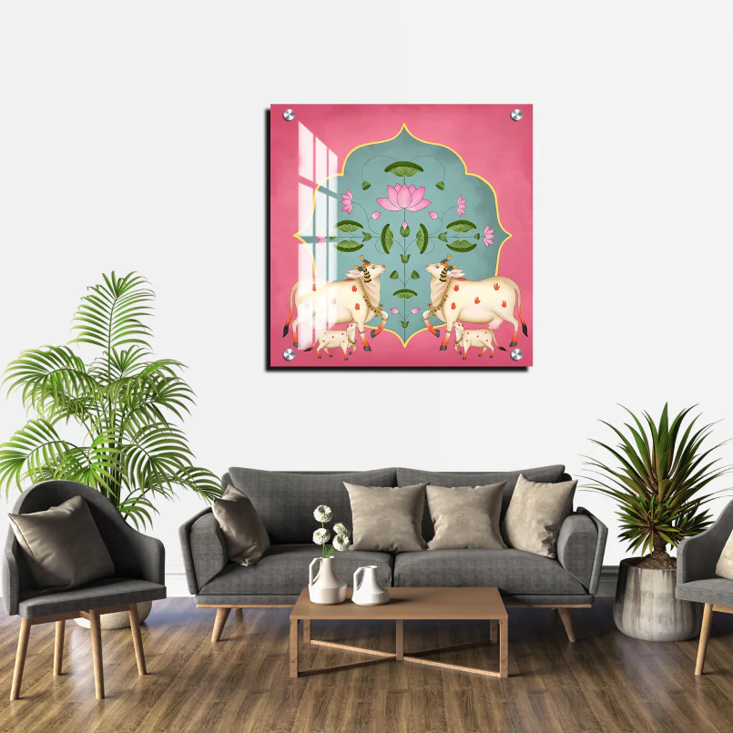 Sacred Cows Pichwai Print Wall Art Pink Color Square Shape Wood or Acrylic Base