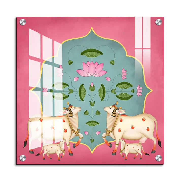Sacred Cows Pichwai Print Wall Art Pink Color Square Shape Wood or Acrylic Base