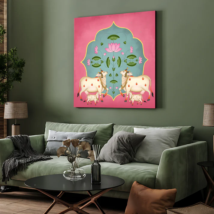 Sacred Cows Pichwai Print Wall Art Pink Color Square Shape Wood or Acrylic Base
