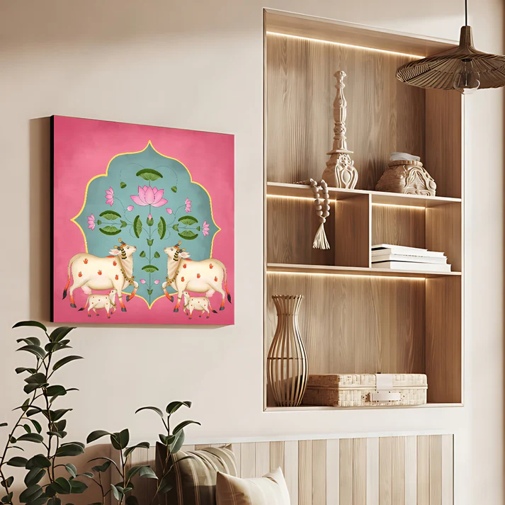 Sacred Cows Pichwai Print Wall Art Pink Color Square Shape Wood or Acrylic Base