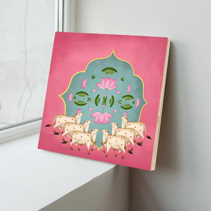 Holy Cows Pichwai Print Wall Art Pink Color Square Shape Wood or Acrylic Base