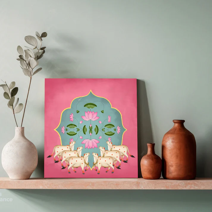 Holy Cows Pichwai Print Wall Art Pink Color Square Shape Wood or Acrylic Base