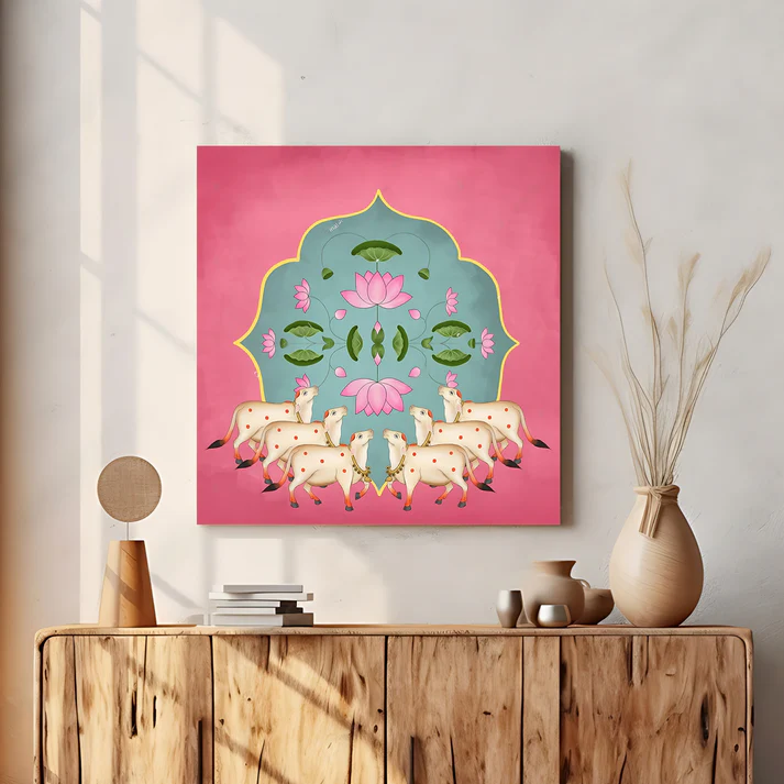 Holy Cows Pichwai Print Wall Art Pink Color Square Shape Wood or Acrylic Base