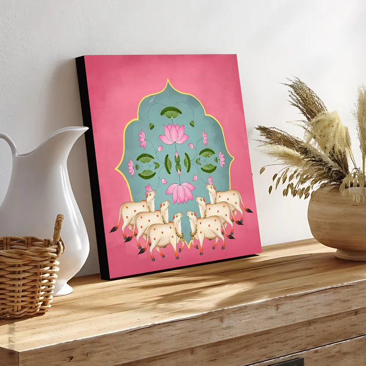 Holy Cows Pichwai Print Wall Art Pink Color Square Shape Wood or Acrylic Base