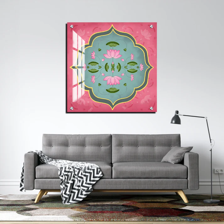 Lotus Pichwai Print Wall Art Pink Color Square Shape Wood or Acrylic Base