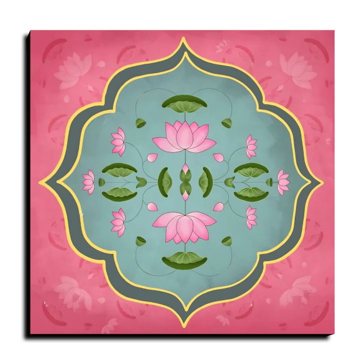 Lotus Pichwai Print Wall Art Pink Color Square Shape Wood or Acrylic Base