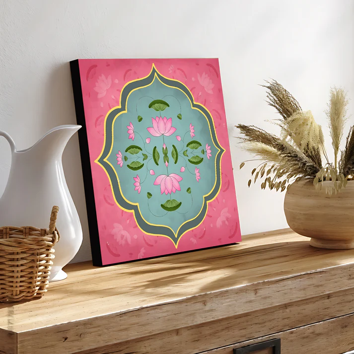 Lotus Pichwai Print Wall Art Pink Color Square Shape Wood or Acrylic Base