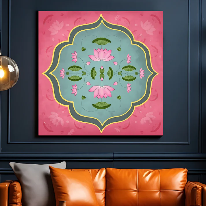 Lotus Pichwai Print Wall Art Pink Color Square Shape Wood or Acrylic Base