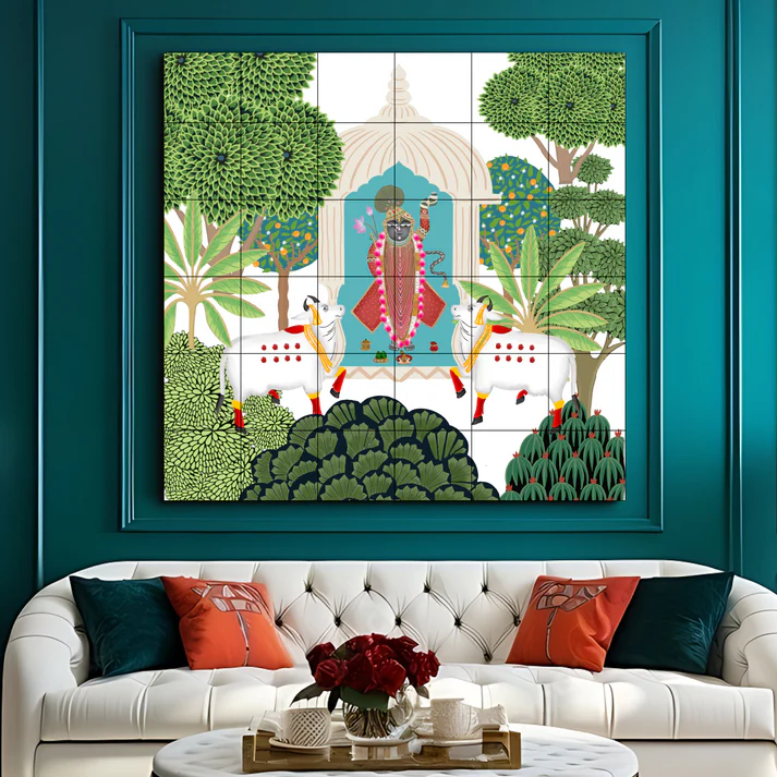 Shrinath Ji Green Pichwai Art Luxury Wall Decor Wooden Tiles Set