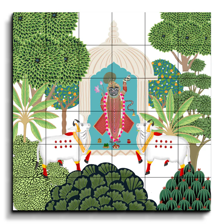 Shrinath Ji Green Pichwai Art Luxury Wall Decor Wooden Tiles Set