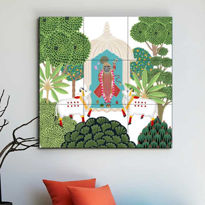 Shrinath Ji Green Pichwai Art Luxury Wall Decor Wooden Tiles Set