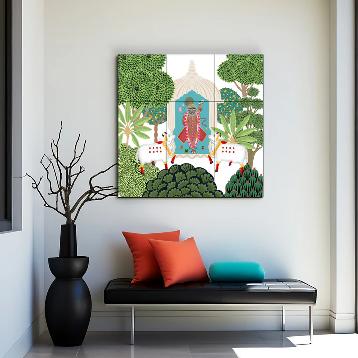 Shrinath Ji Green Pichwai Art Luxury Wall Decor Wooden Tiles Set