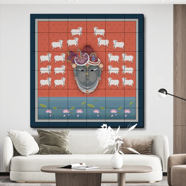 Shrinath Ji Mukharvind with Cows Pichwai Art Luxury Wall Decor Wooden Tiles Set