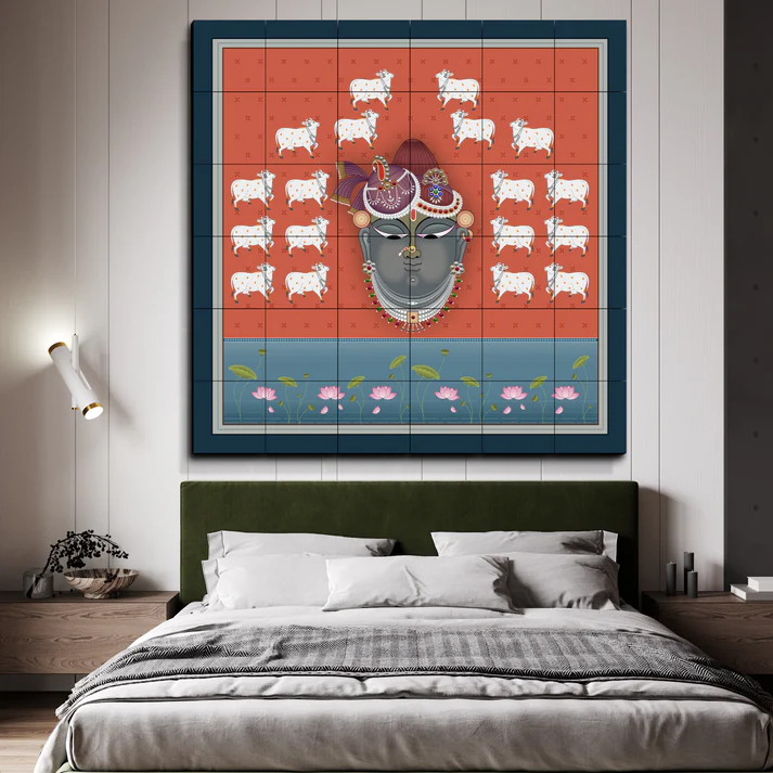 Shrinath Ji Mukharvind with Cows Pichwai Art Luxury Wall Decor Wooden Tiles Set