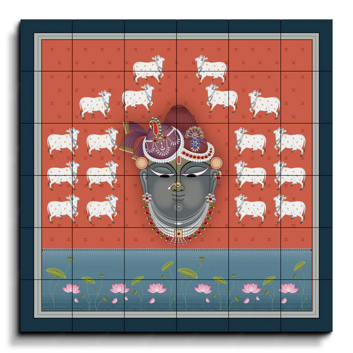 Shrinath Ji Mukharvind with Cows Pichwai Art Luxury Wall Decor Wooden Tiles Set