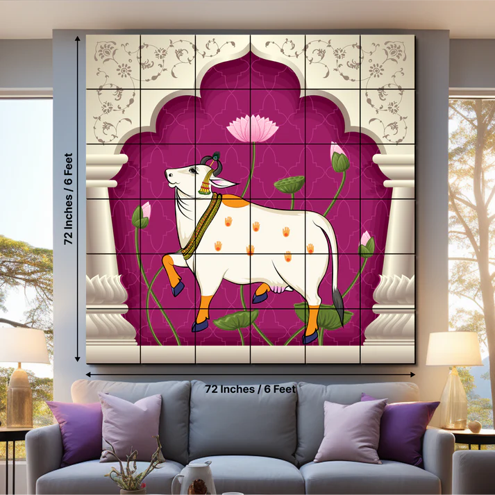 Sacred Cow Pichwai Art Pink Luxury Wall Decor Wooden Tiles Set