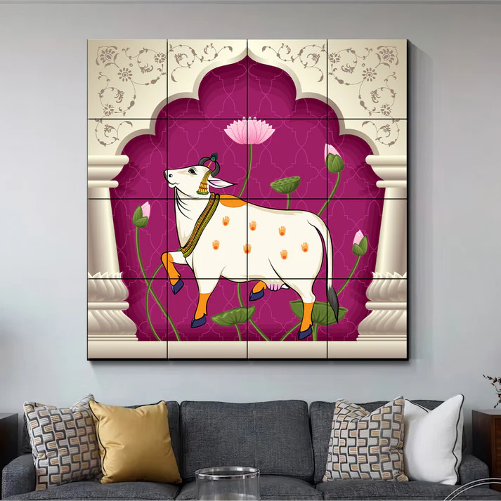 Sacred Cow Pichwai Art Pink Luxury Wall Decor Wooden Tiles Set