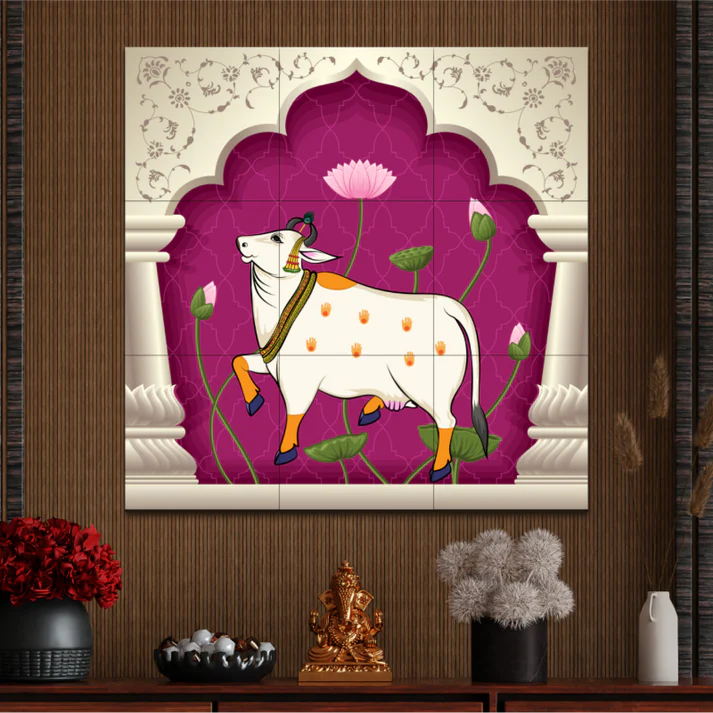 Sacred Cow Pichwai Art Pink Luxury Wall Decor Wooden Tiles Set