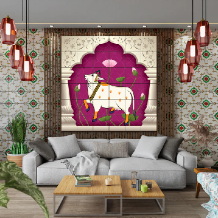 Sacred Cow Pichwai Art Pink Luxury Wall Decor Wooden Tiles Set