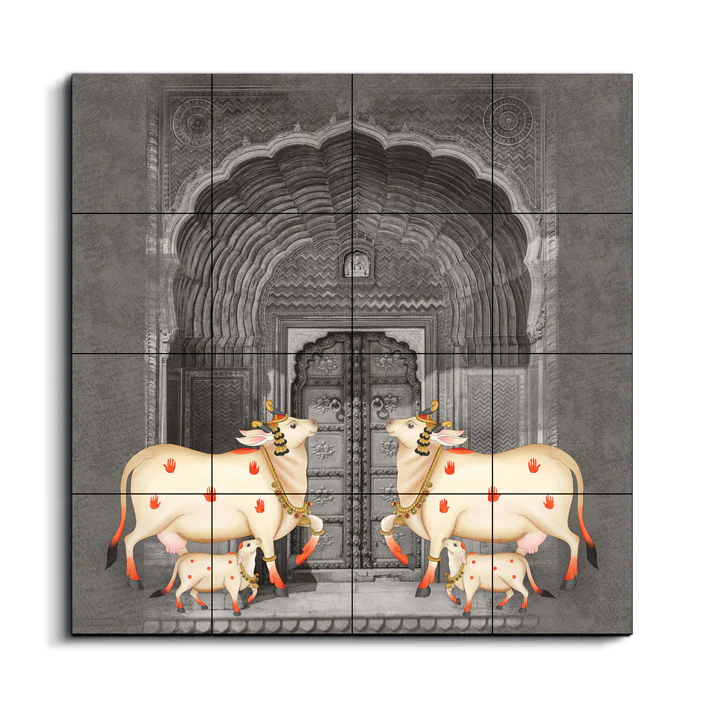 Cow and Calf Pichwai Art Retro Luxury Wall Decor Wooden Tiles Set