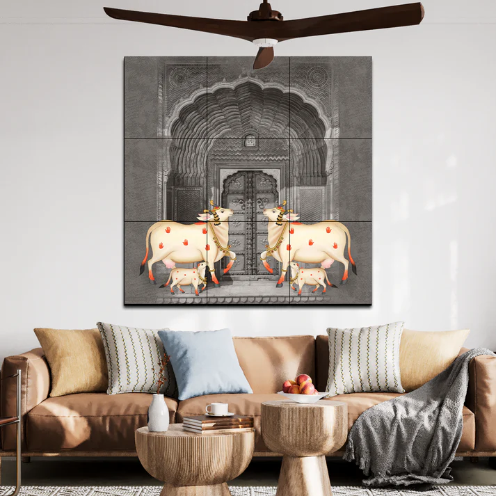 Cow and Calf Pichwai Art Retro Luxury Wall Decor Wooden Tiles Set