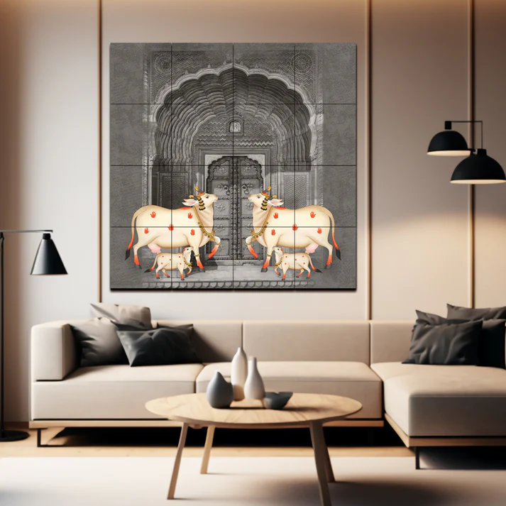 Cow and Calf Pichwai Art Retro Luxury Wall Decor Wooden Tiles Set
