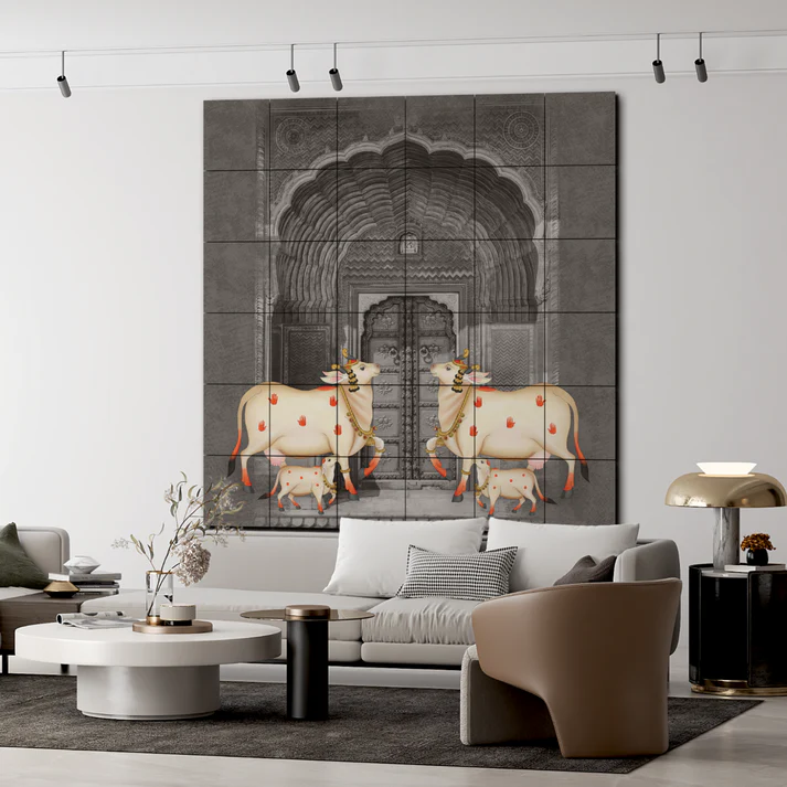 Cow and Calf Pichwai Art Retro Luxury Wall Decor Wooden Tiles Set