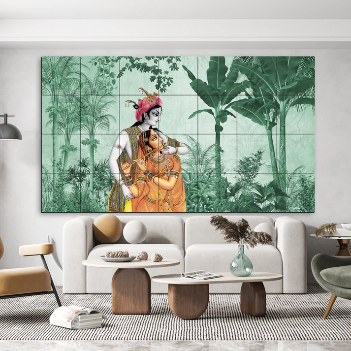 Radha Krishna Pichwai Art Luxury Wall Decor Wooden Tiles Set