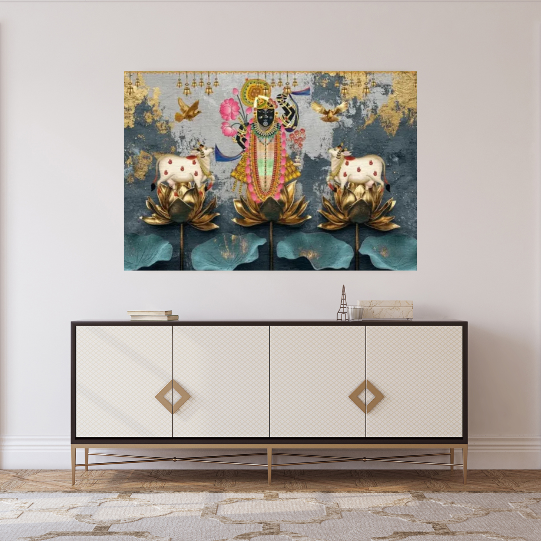 Lord Shreenathji with Kamdhenu Lotus Wall Art Canvas Base Photo