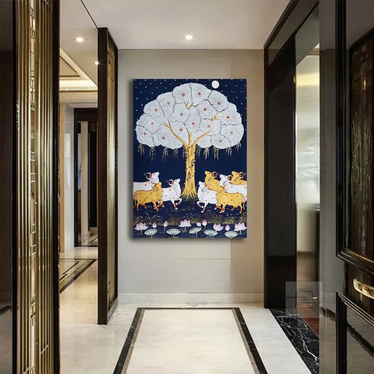 Majestic Tree with Cows Pichwai Wall Art Canvas Base Photo