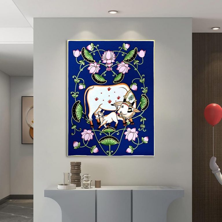 Traditional Cow & Calf Lotus Flower Blue Pichwai Wall Art Canvas Base Photo