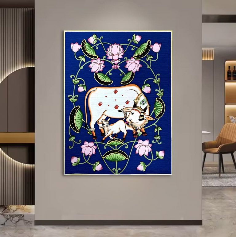 Traditional Cow & Calf Lotus Flower Blue Pichwai Wall Art Canvas Base Photo