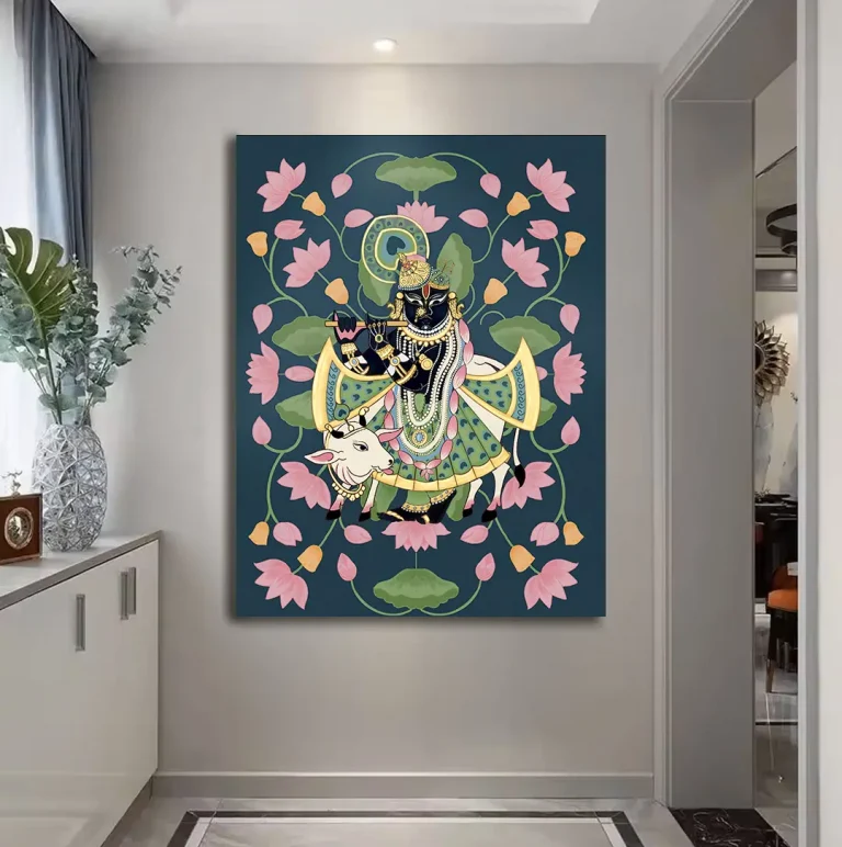 Lotus background Shreenathji and Cow Pichwai Wall Art Canvas Base Photo