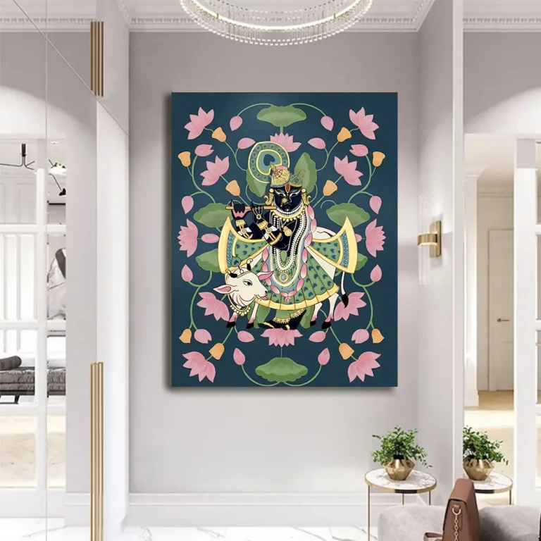 Lotus background Shreenathji and Cow Pichwai Wall Art Canvas Base Photo