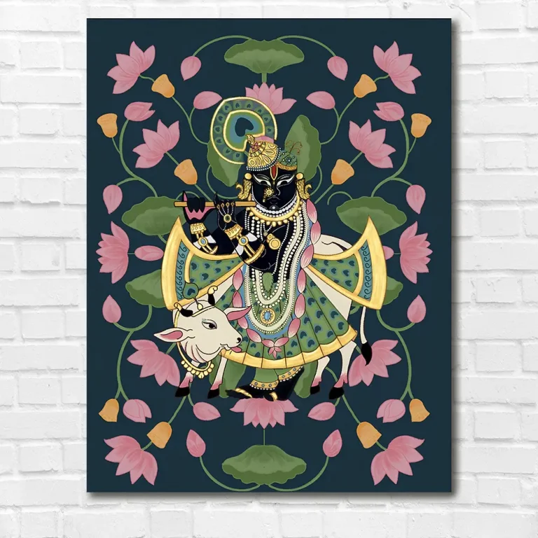 Lotus background Shreenathji and Cow Pichwai Wall Art Canvas Base Photo