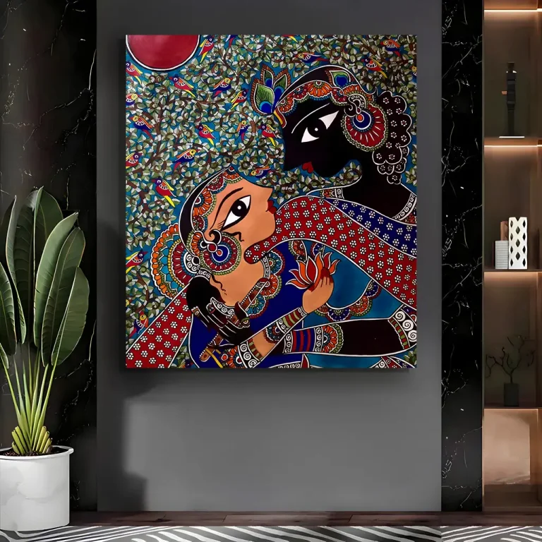 Traditional Radha Krishna Madhubani Wall Art Canvas Base Photo