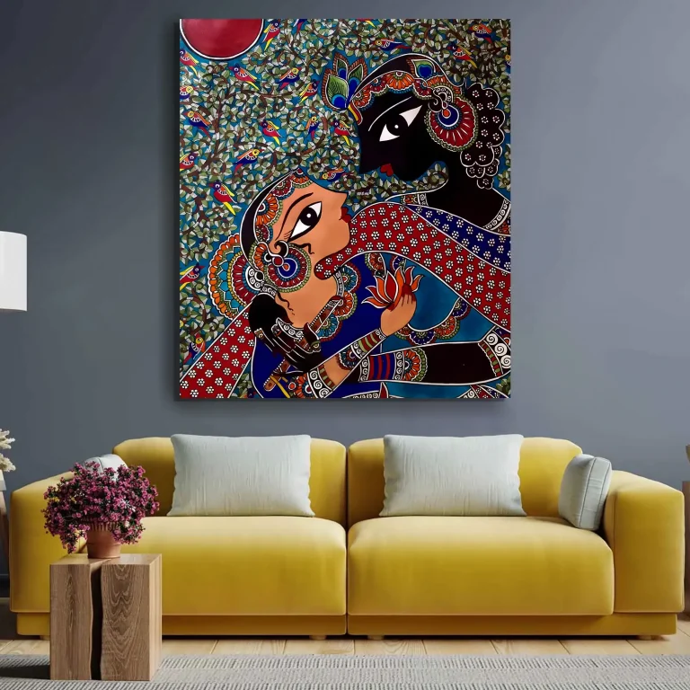 Traditional Radha Krishna Madhubani Wall Art Canvas Base Photo