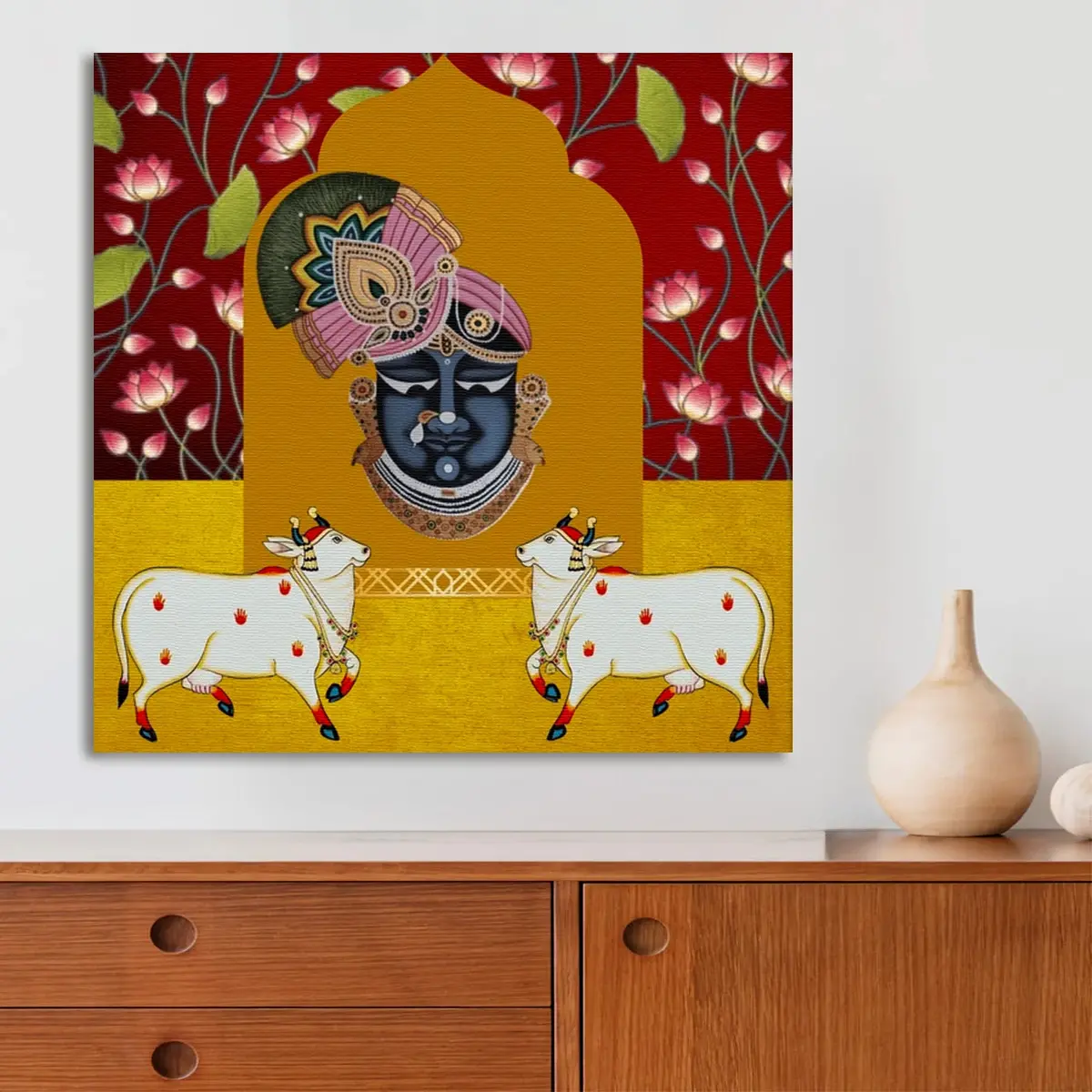 Shreenathji Kamdhenu Cows Traditional Pichwai Wall Art Canvas Base