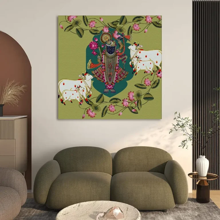 Ethnic Lotus Flow Shreenathji with Cows Pichwai Wall Art Canvas Base
