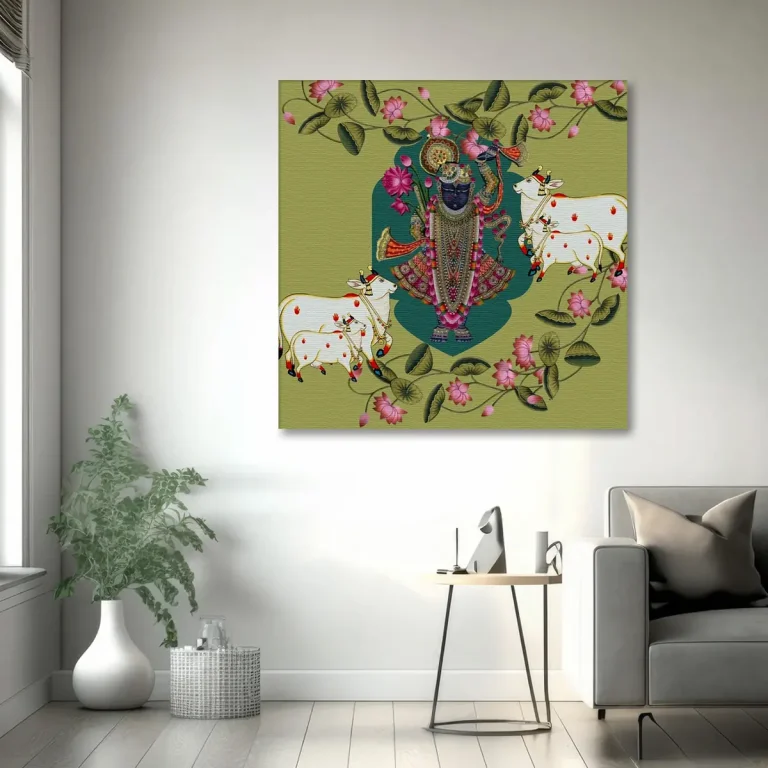Ethnic Lotus Flow Shreenathji with Cows Pichwai Wall Art Canvas Base
