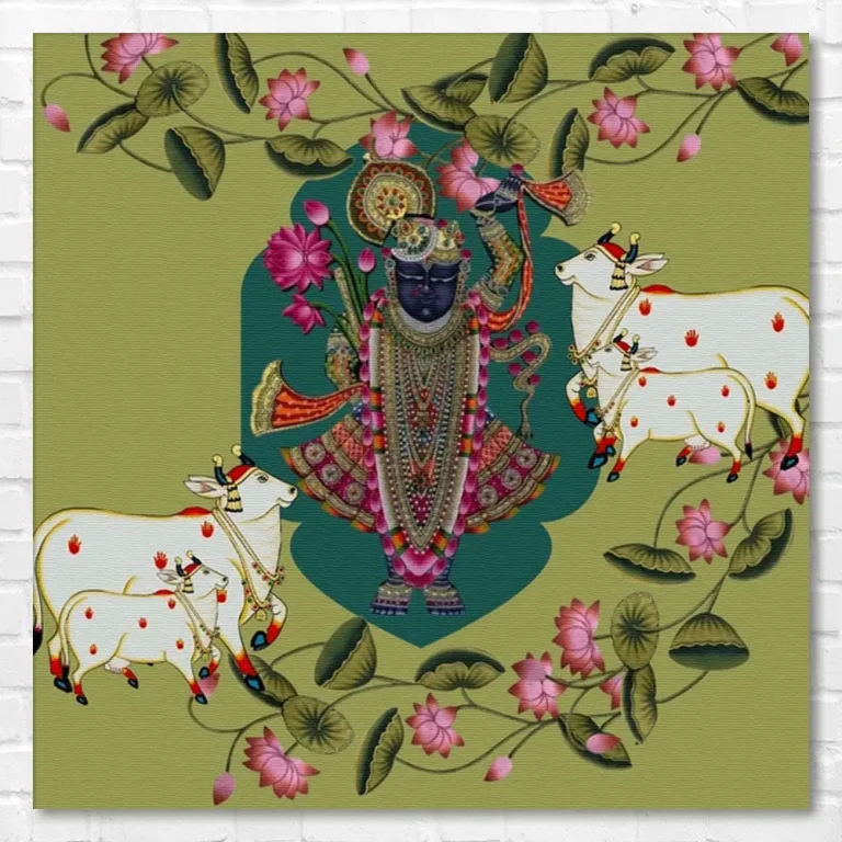 Ethnic Lotus Flow Shreenathji with Cows Pichwai Wall Art Canvas Base