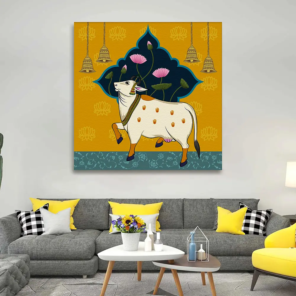 Lotus Background Modern Cow Pichwai Wall Art Canvas Base