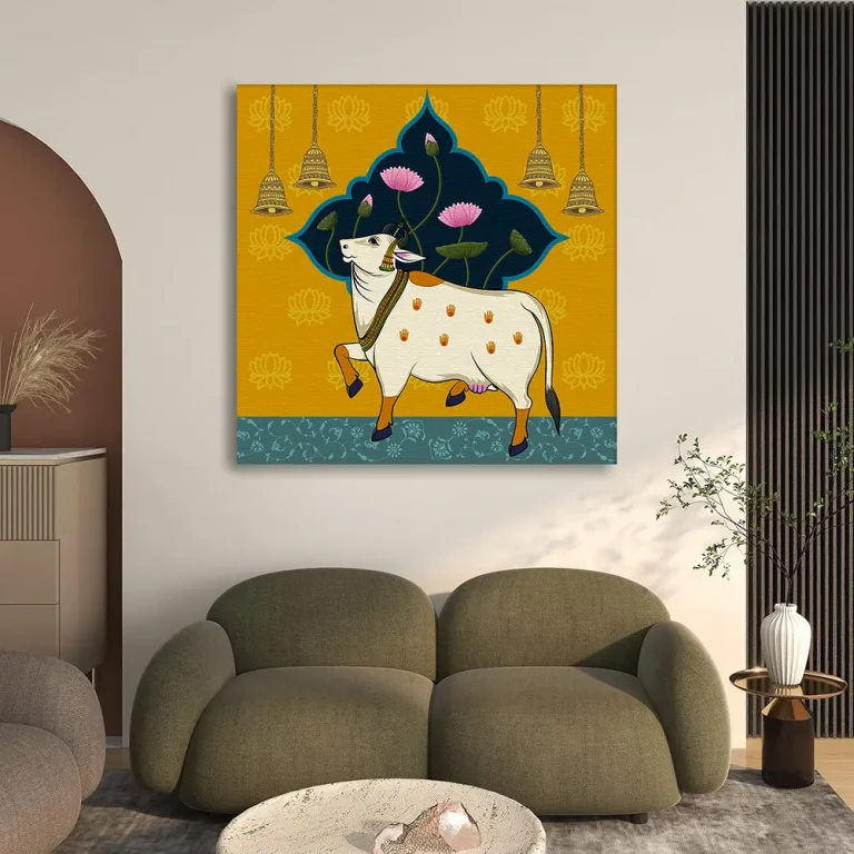 Lotus Background Modern Cow Pichwai Wall Art Canvas Base