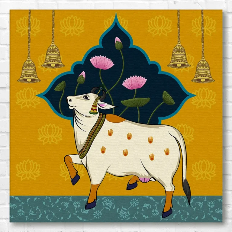 Lotus Background Modern Cow Pichwai Wall Art Canvas Base