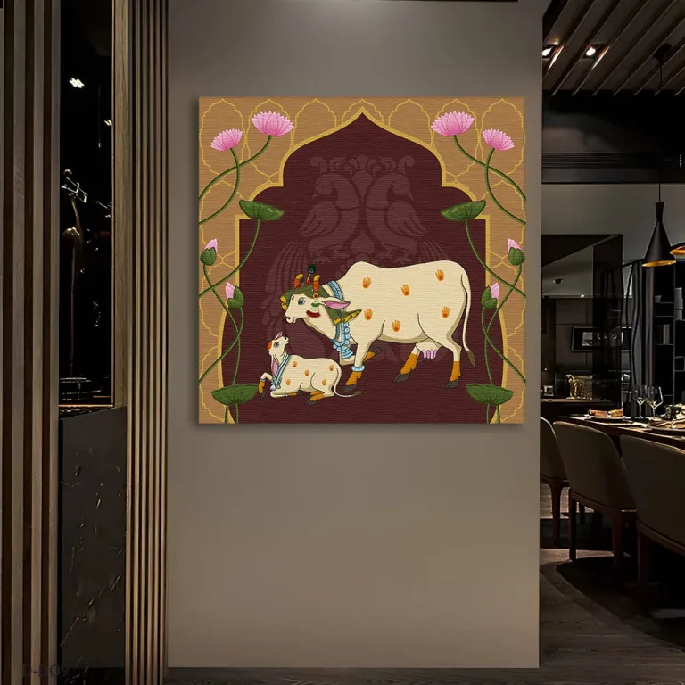 Modern Kamdhenu with Calf Pichwai Wall Art Canvas Base