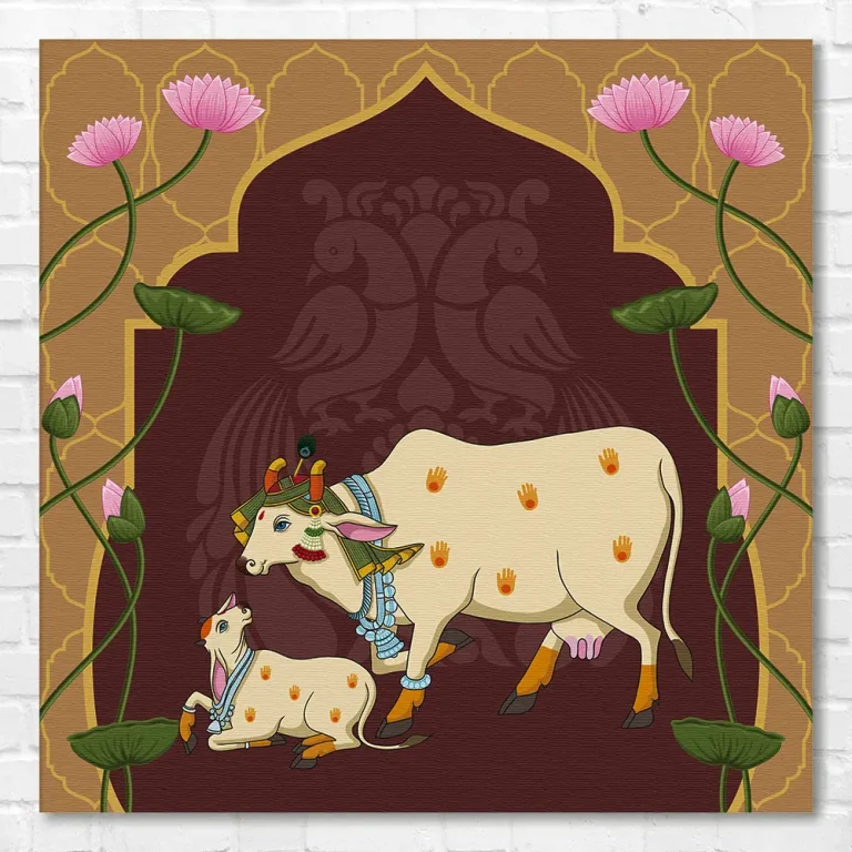 Modern Kamdhenu with Calf Pichwai Wall Art Canvas Base