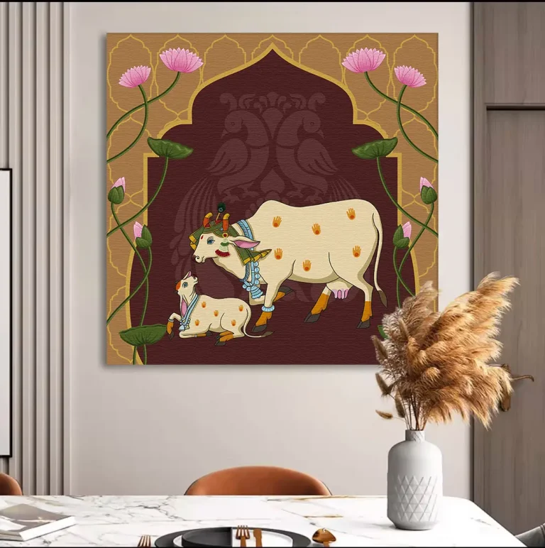 Modern Kamdhenu with Calf Pichwai Wall Art Canvas Base