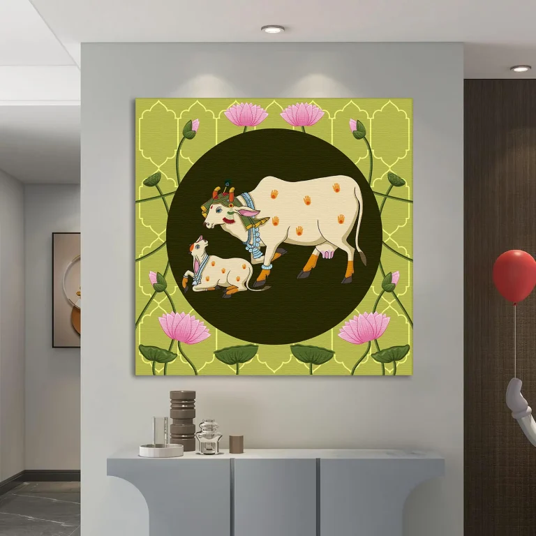 Kamdhenu with Calf Pichwai Wall Art Canvas Base